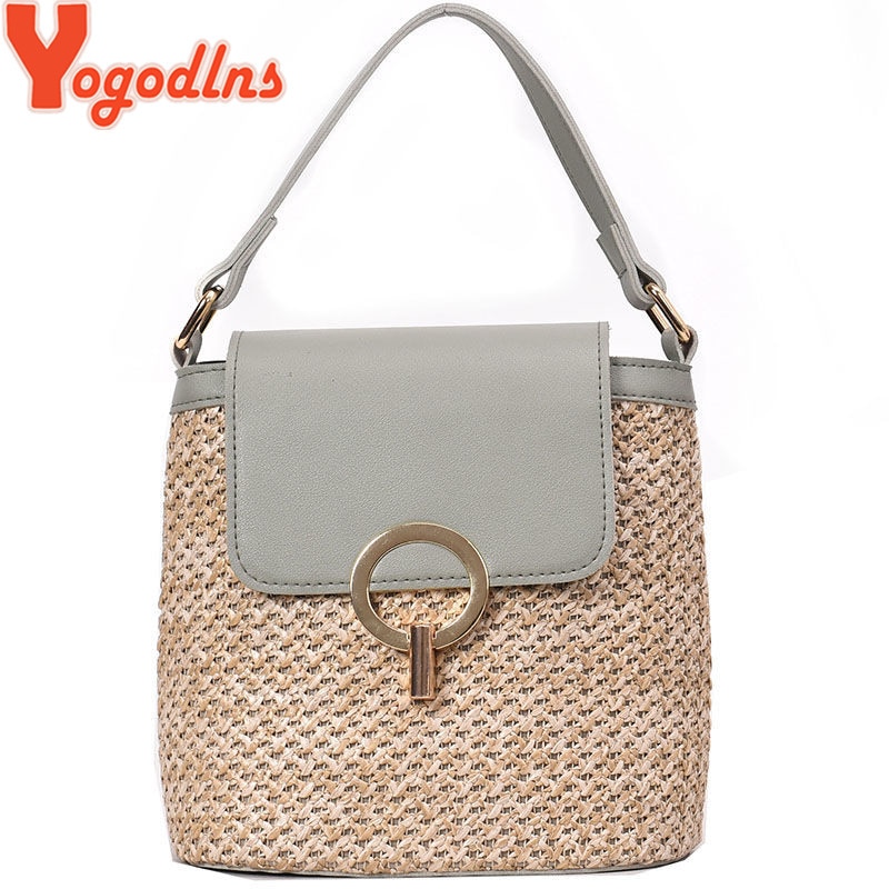 Yogodlns, bolsos de cubo de paja pequeños hechos a mano para mujer, bolsos cruzados de verano, bolsos de viaje para mujer, bolso de hombro femenino, bolsa