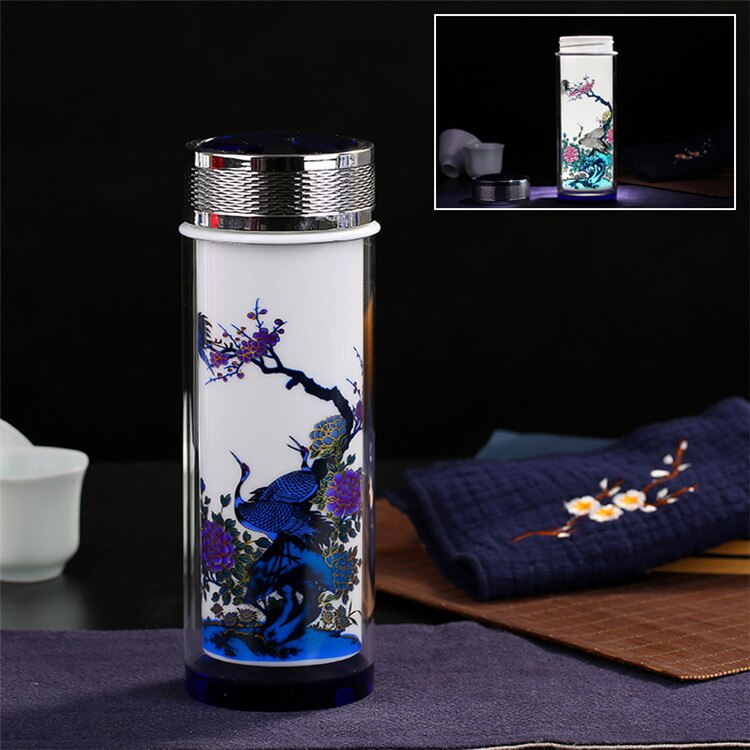 Vintage kinesisk färgförändring glaskeramik termos retro blå vit porslin termos termokopp vakuumkolv tekopp: Kran