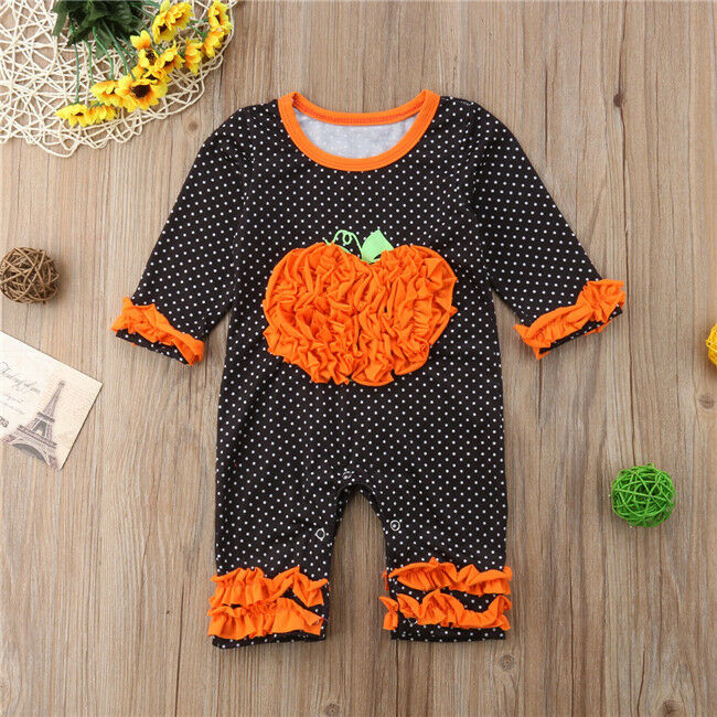 Halloween Toddler Baby Pumpkin Romper Girl Boy Polka Dots Harem Romper Long Sleeve Jumpsuit Playsuit Clothes Autumn Winter