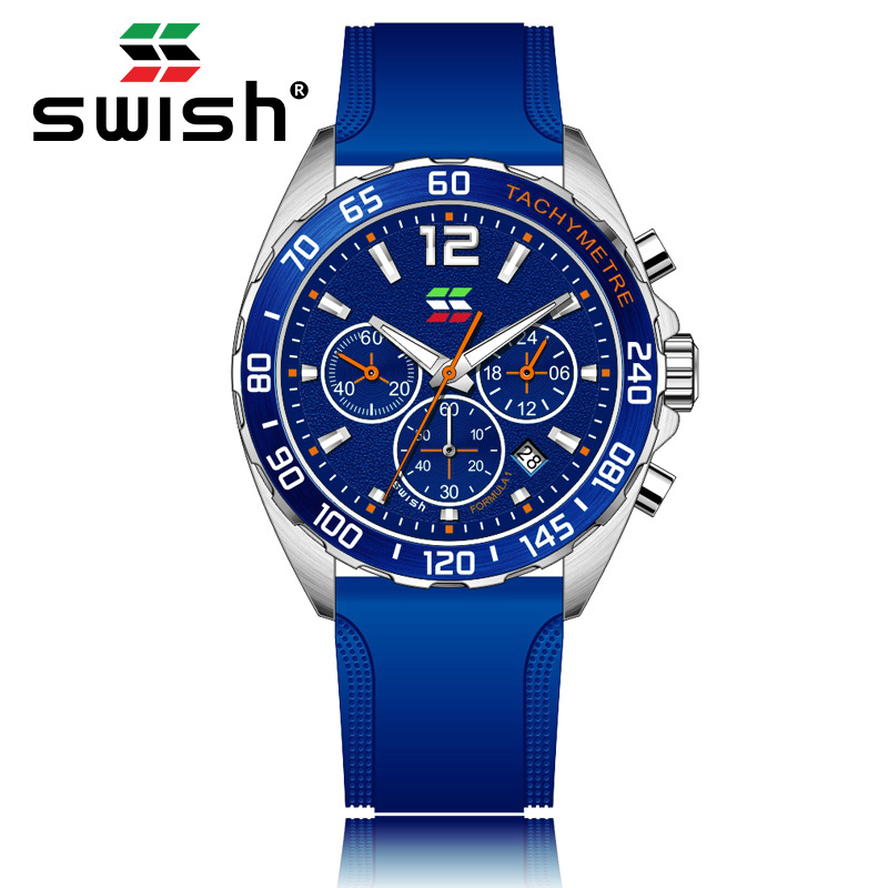 2022 Swish Mensports Horloges Blue Chronograph Quartz Horloge Rubber Band Waterdicht Horloge Relogio Masculino