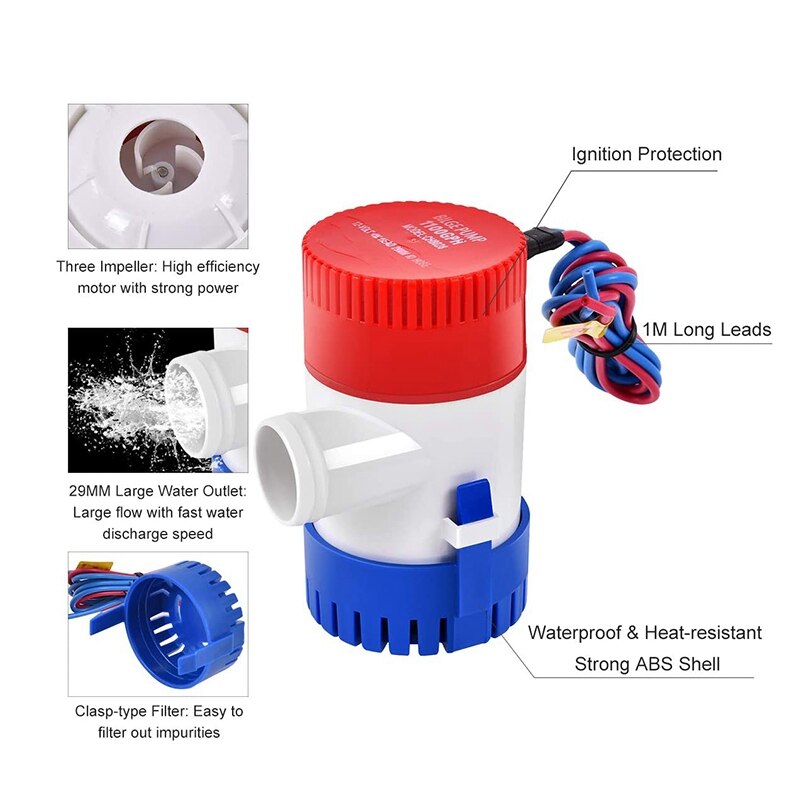 1100GPH Bilge Pump 12V Electric Submersible Boat Yacht Pump Float Switch Bilge Switches Motor Homes Houseboat Boats