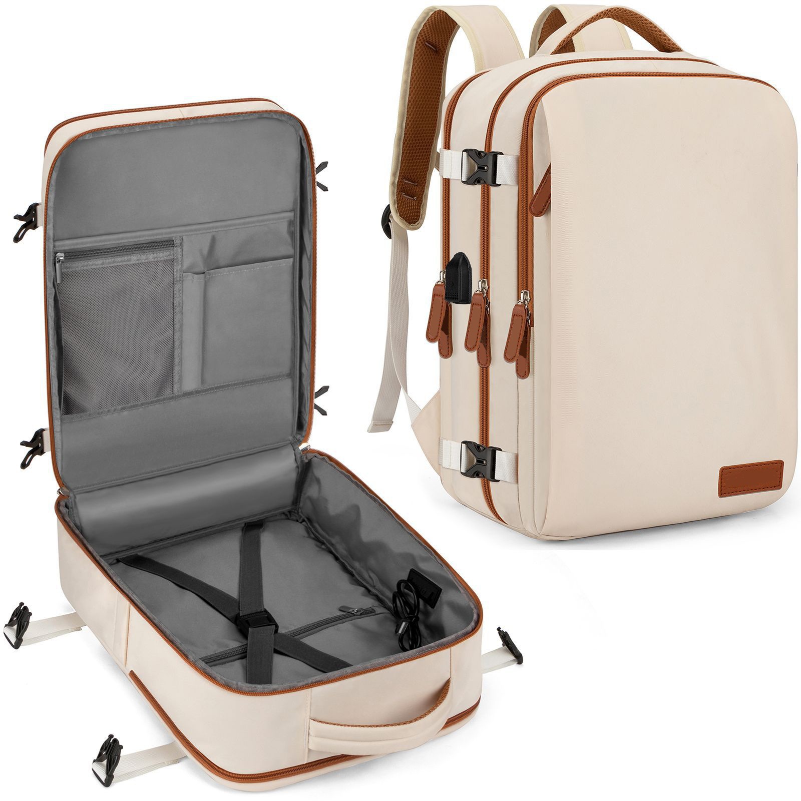 Mochila de viagem 40x20x30 cabine avião à prova dwaterproof água expansível weekender portátil com porta usb ryanair carry-on feminino masculino mochila: Bege