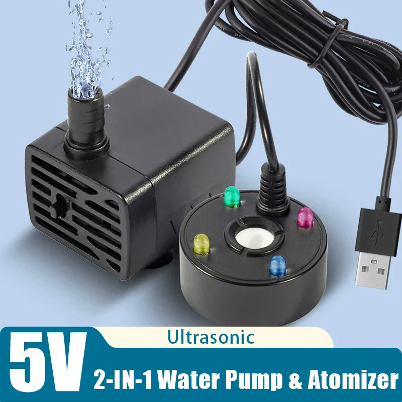 2-IN-1 USB 5V Waterpomp Ultrasone Verstuiver Mist Maker Fogger voor Vijver Tuin Rotstuin fontein Aquarium Landschapsarchitectuur Luchtbevochtiger