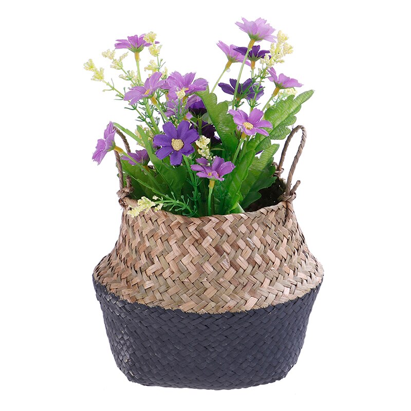 Handmade Wicker Basket Bamboo Seagrass Flower Pot Storage Basket Foldable Straw Patchwork Rattan Seagrass Belly Garden Decor: Black