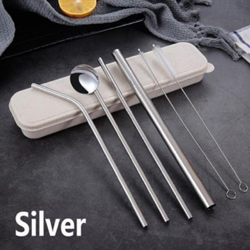 O metal reusável que bebe palhas de aço inoxidável resistente dobrou a palha reta das bebidas com acessório da festa da barra da escova da limpeza: Silver