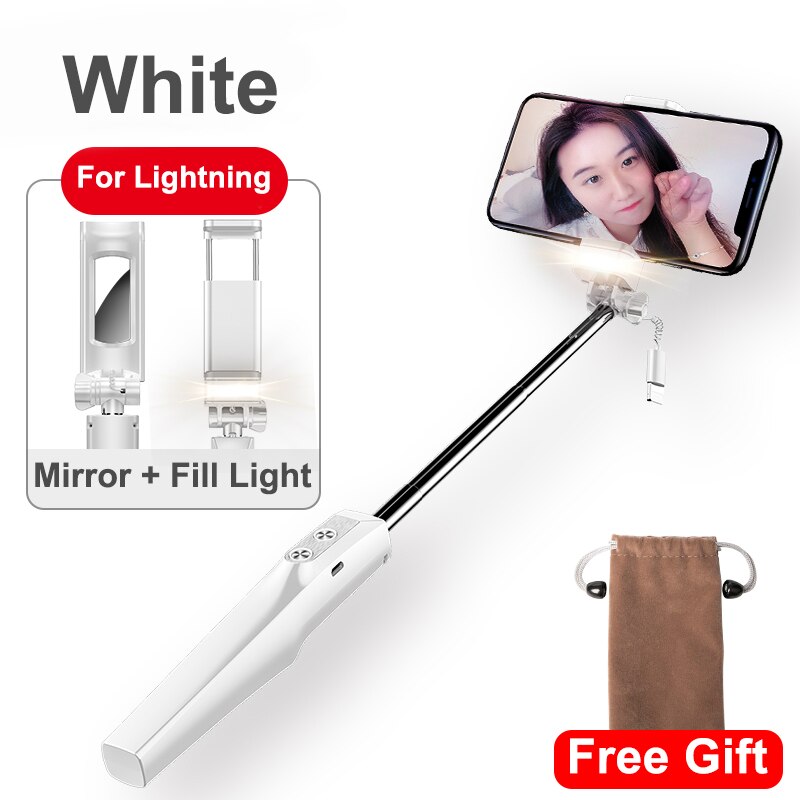 Baseus Wired Selfie Stick Voor Iphone Met Beauty-Huid Vullen Licht Achteruitkijkspiegel Uitschuifbare Zelf Stok 3.5 Mm Jack voor Samsung Huawei: White For lighting