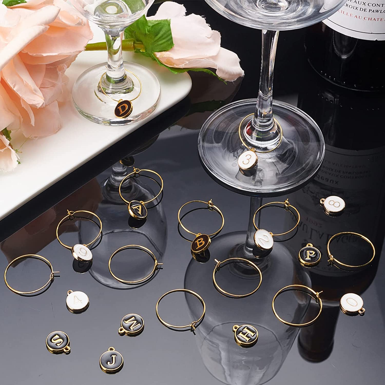 26Pcs Wine Charms for Stem Glasses with Rings Tags Letters Glass Charm Markers Wine Glass Identifier for Party Favors Decoration