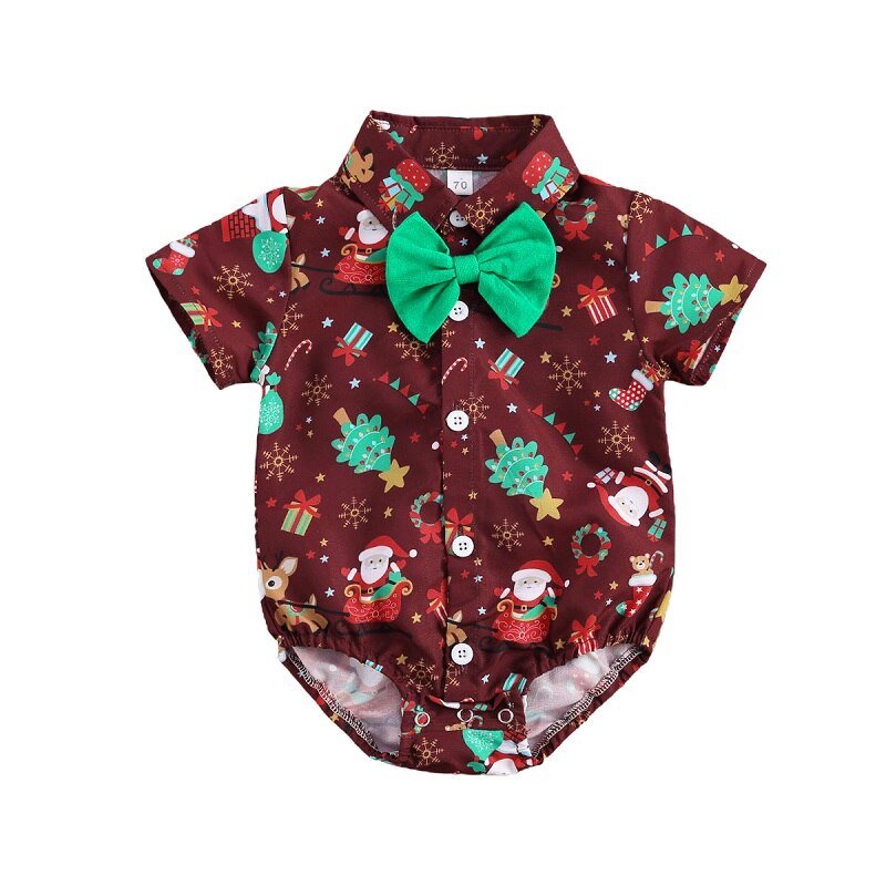 Newborn Baby Boys Summer Christmas Romper Short Sleeve Bow-tie Cartoon Pattern Jumpsuits for Kids Baby Boys: Red / 6M