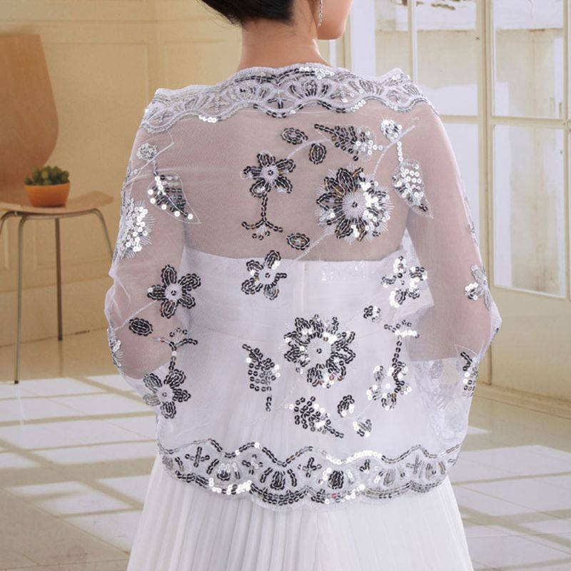 Brud brudekjole kvinner cheongsam sjal hvite blonder broderte paljetter lange sjal