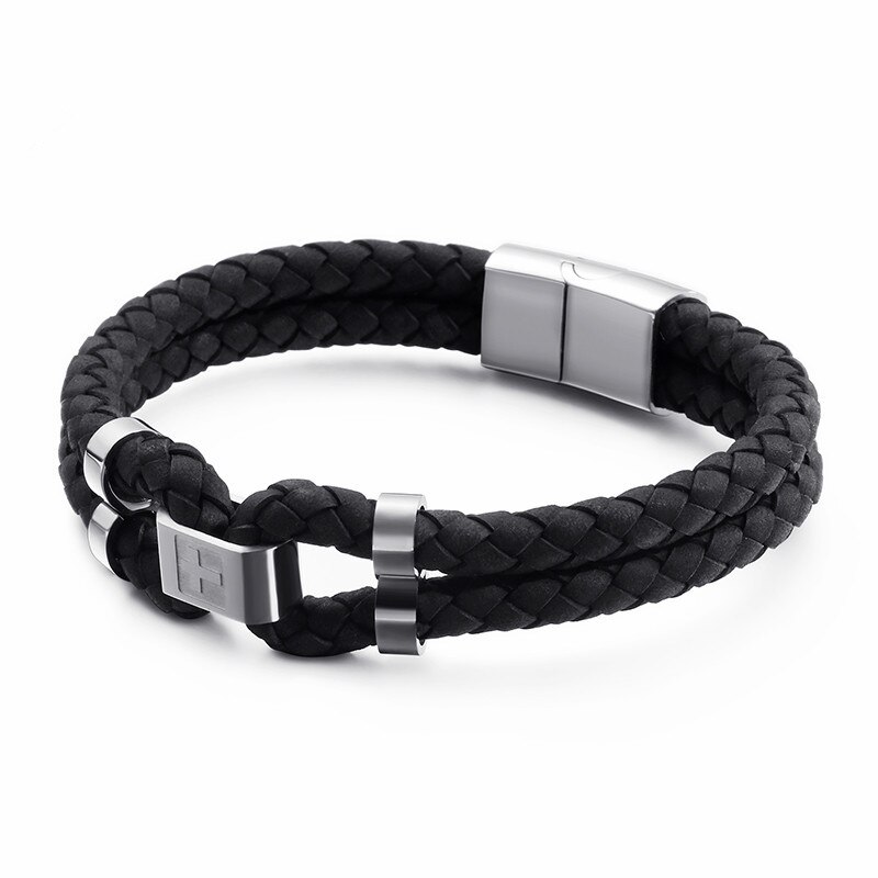 Pulseras de dijes cruzados de acero inoxidable de 210mm para hombre, joyas de cuero negras/rojas de doble capa
