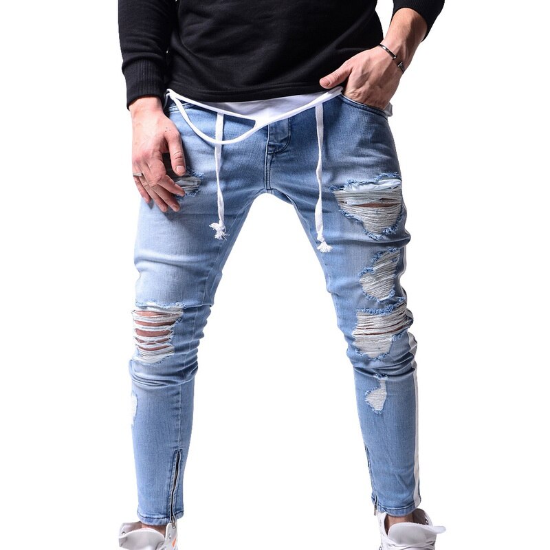 Pantalones pitillo rasgados para Hombre, pantalones vaqueros ajustados con rayas laterales para motociclista, pantalones vaqueros rasgados con agujeros estilo Hip Hop para Hombre: Light Blue / L