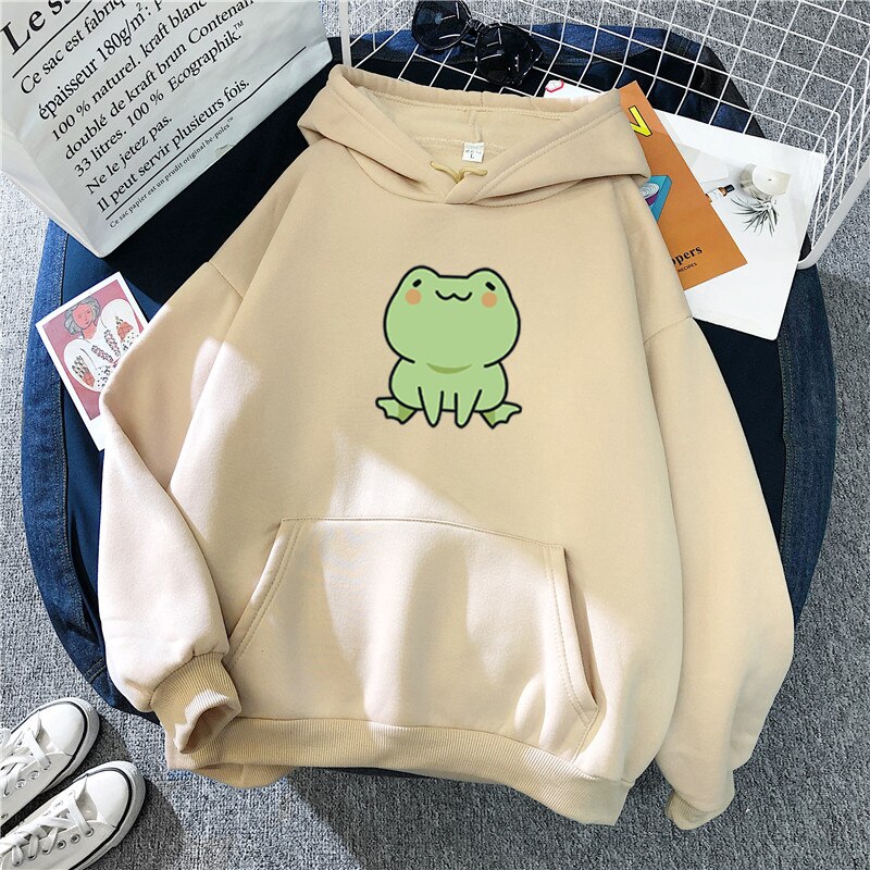 Sweat-shirt grenouille, vêtements de dessin animé, Harajuku, manches longues, capuche Kawaii pour filles, sweat à capuche polaire d'hiver avec poche, hauts verts: XXL / APRICOT