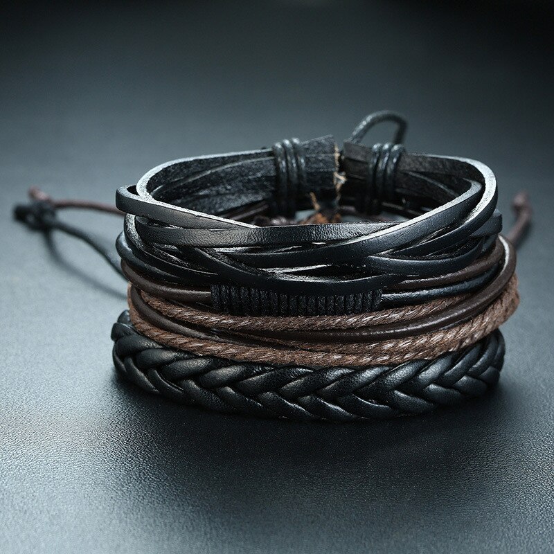 ZORCVENS 4 pieces/ Set Leather Bracelets for Men Braided Rope Wristband Vintage Style Male Bangle: 83527