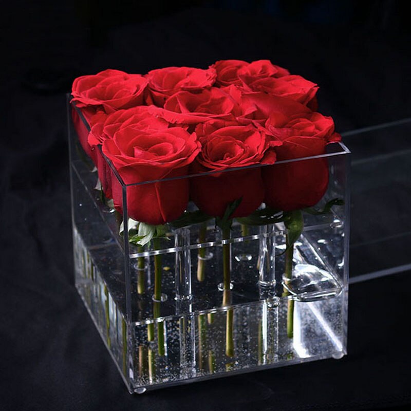 Acrylic Artificial Rose Flower Box Makeup Organizer Flower Bouquet Flower Box For Valentine's Day Wedding Decor Case