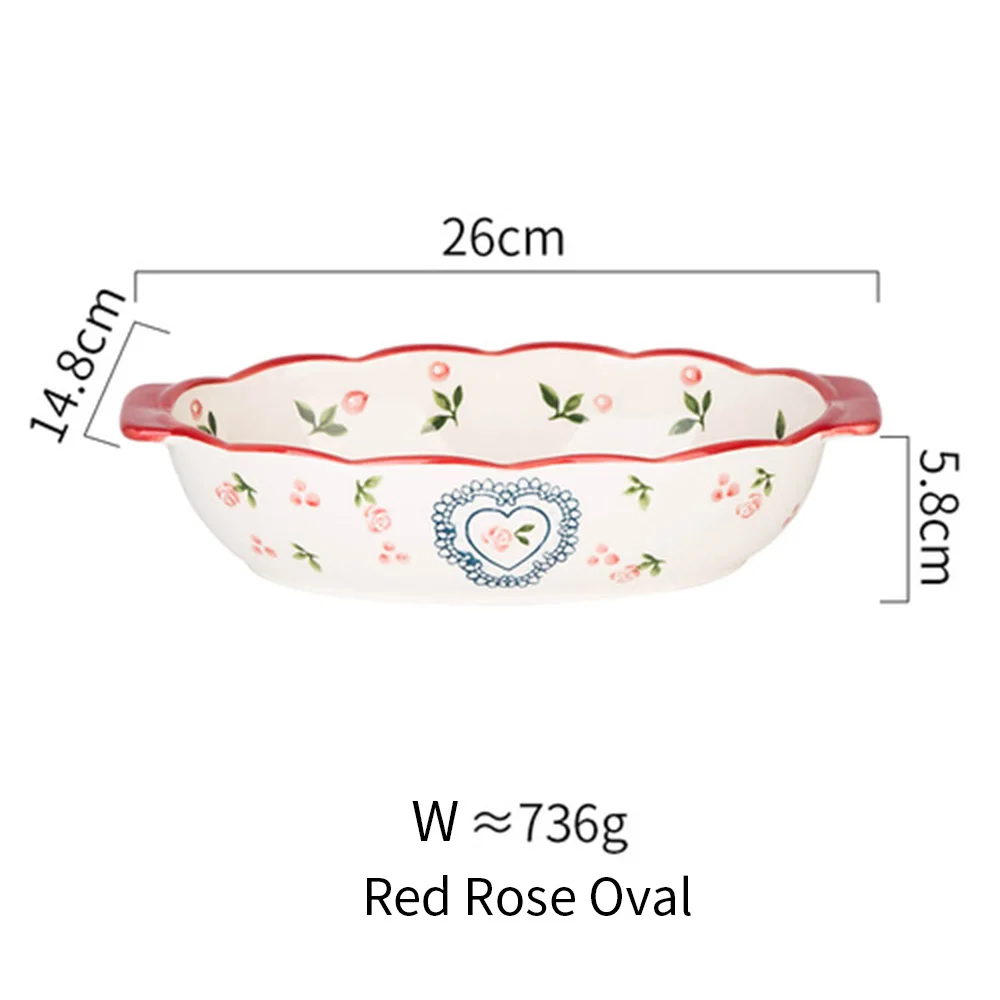 MDZF SWEETHOME Ceramic Baking Dish Roasting Lasagna Pan Rectangular Dish Bakeware Pan With Handle Oven Kitchen Baking Tool: Red rose oval