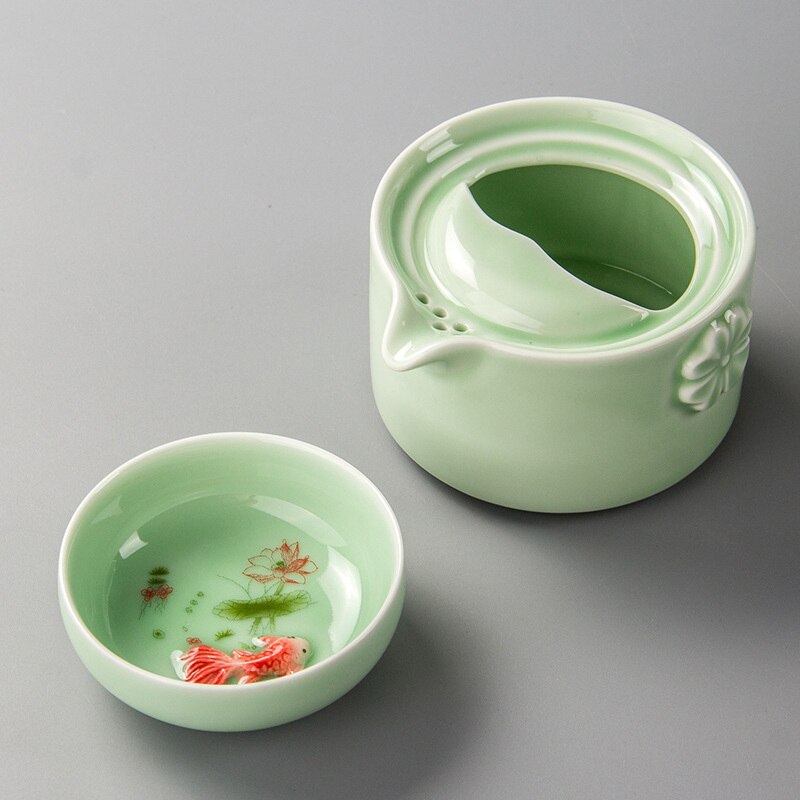 Neue Grün Keramik 3d Karpfen Gaiwan Tee-einstellen Seladon Elegante Kung Fu Teaset Umfassen 1 Topf 1 Tasse, schöNe Einfach Teekanne Wasserkocher: 02