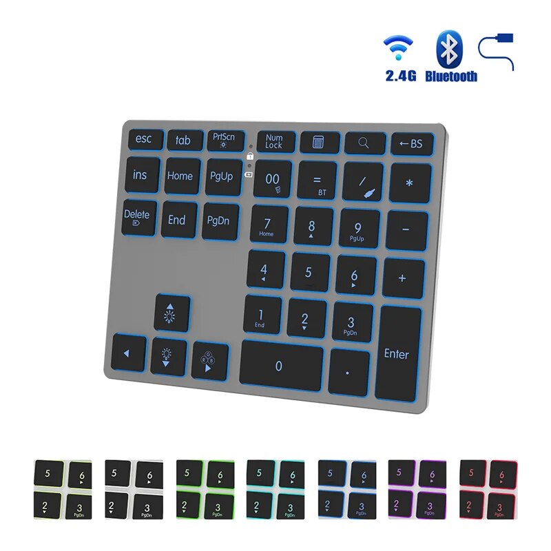 JOMAA 2.4G Bluetooth numeriek toetsenbord Draadloos oplaadbaar numpad-toetsenbord voor iPad Laptop Bedraad nummertoetsenbord: Grey