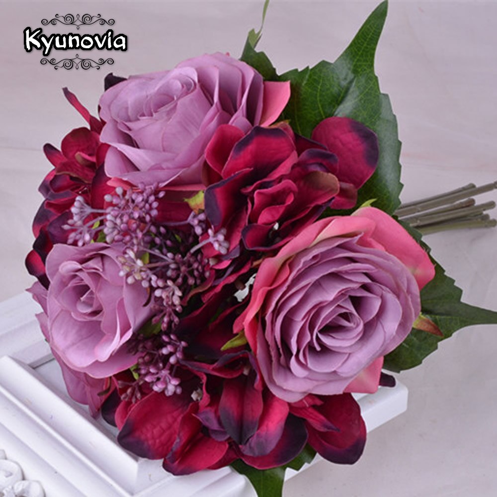Kyunovia naturlig hortensia rosor boho brudtärna bröllopsbukett rustika bröllopsblommor vinröd rouge brudbukett  d36