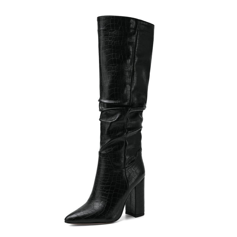 Bottes de créateur Faux cuir à talons hauts pour femmes, chaussures de créateur à bout pointu plissées, bloc épais, longues, hiver