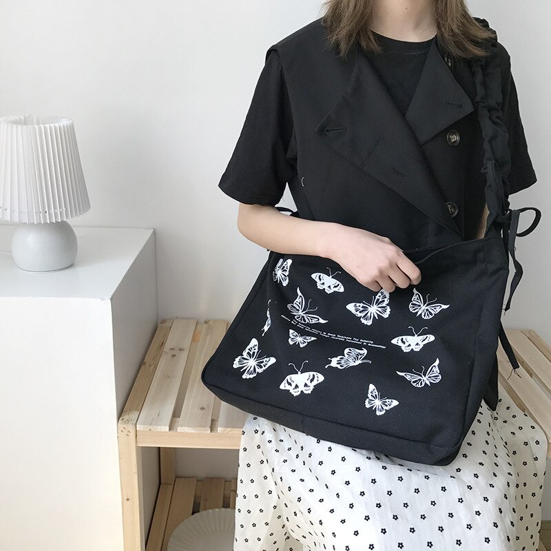 Butterfly Women Canvas Bag Cotton Cloth Fabric Crossbody Bags Lady Large Capacity Shoulder Bag Drawstring Strap: Black