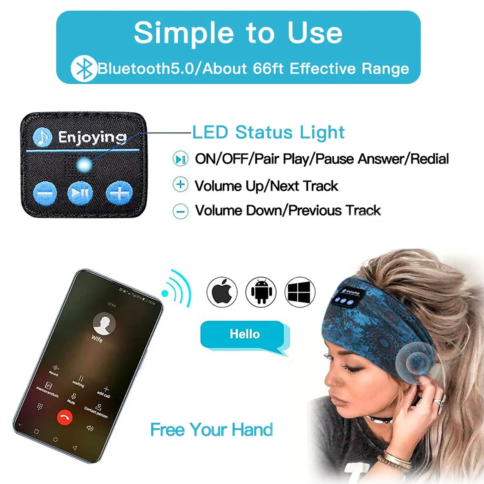 Bluetooth-Kopfhörer, Sport, Schlafen, Stirnband, elastisch, kabellose Kopfhörer, Musik, Augenmaske, kabelloses Headset, Boho-Stirnband, Yoga, Arbeit