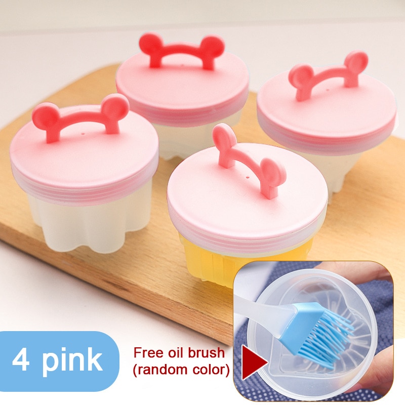 4 Pcs/Set Cute Egg Boiler Plastic Egg Poacher Set Kitchen Egg Cooker Tools Egg Mold Form With Lid Brush Pancake Maker