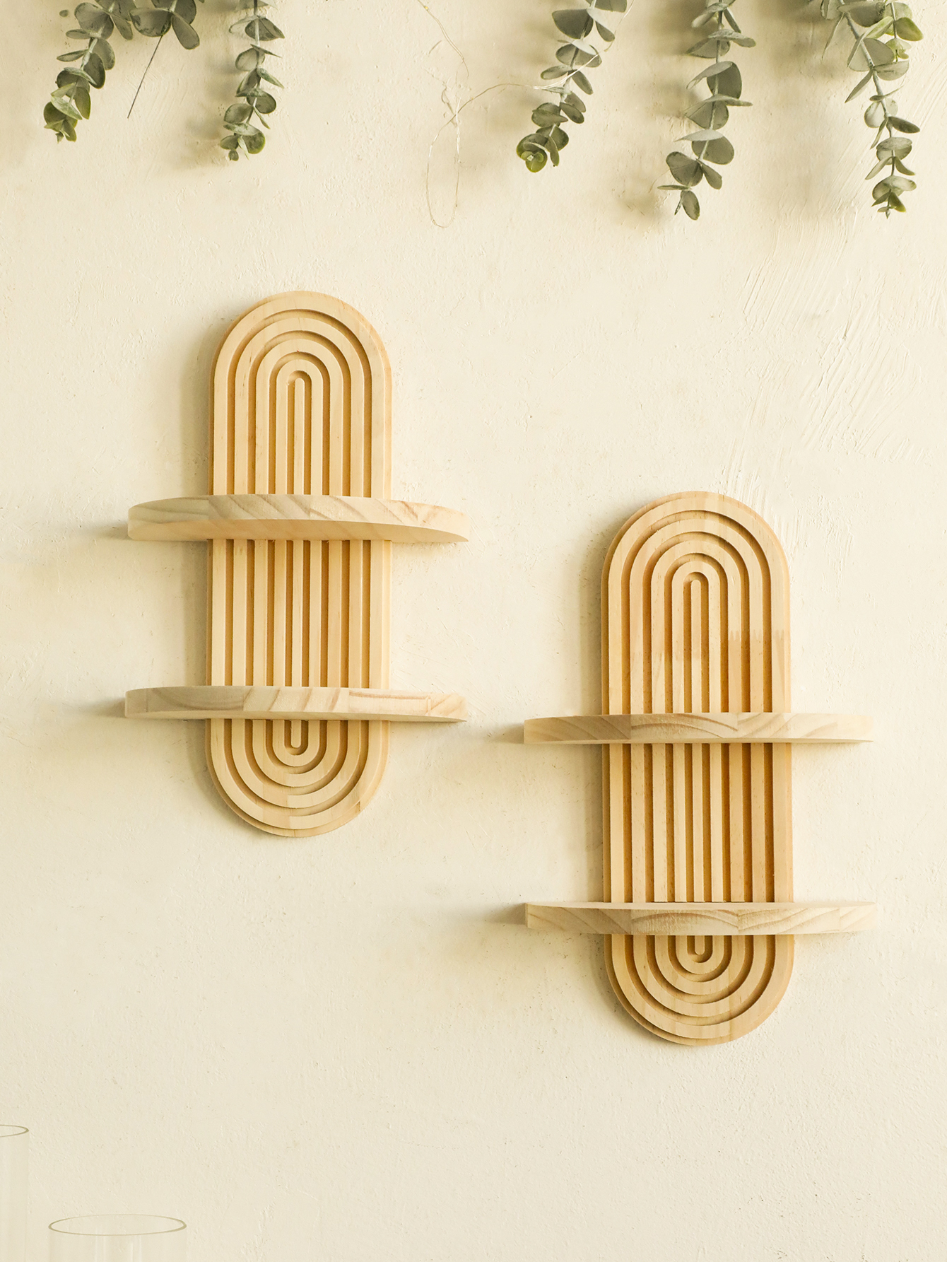 Estantes de pared de madera estilo boho de 2 niveles: estantes geométricos montados en la pared, acabado de madera natural, decoración moderna para el hogar, decoración de plantas