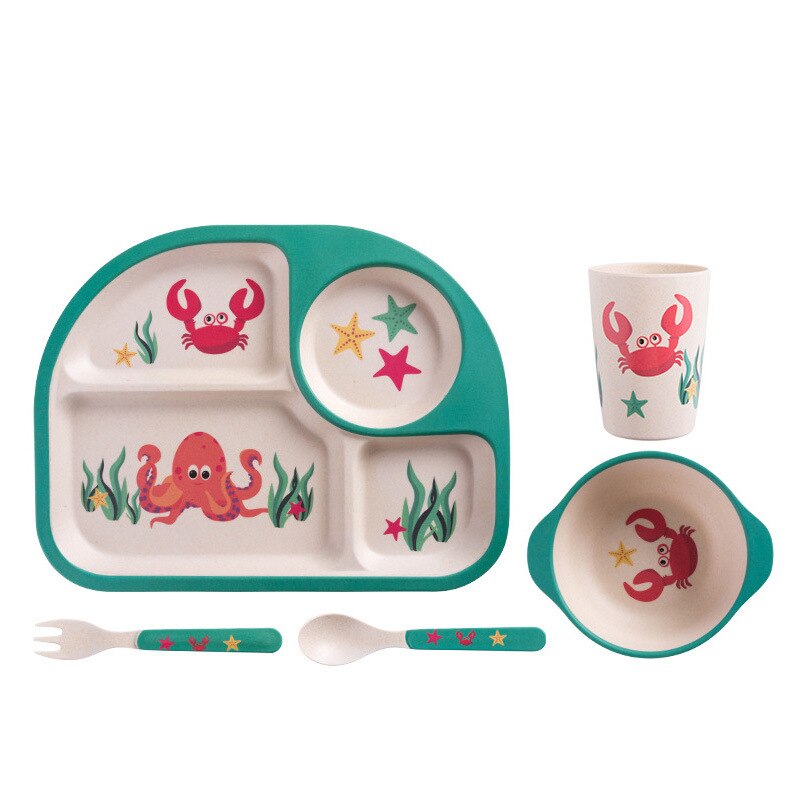 5pc /  set baby mattallrik ätbar bambu fiber utskrift barn servis set hög temperatur resistent baby tallrik