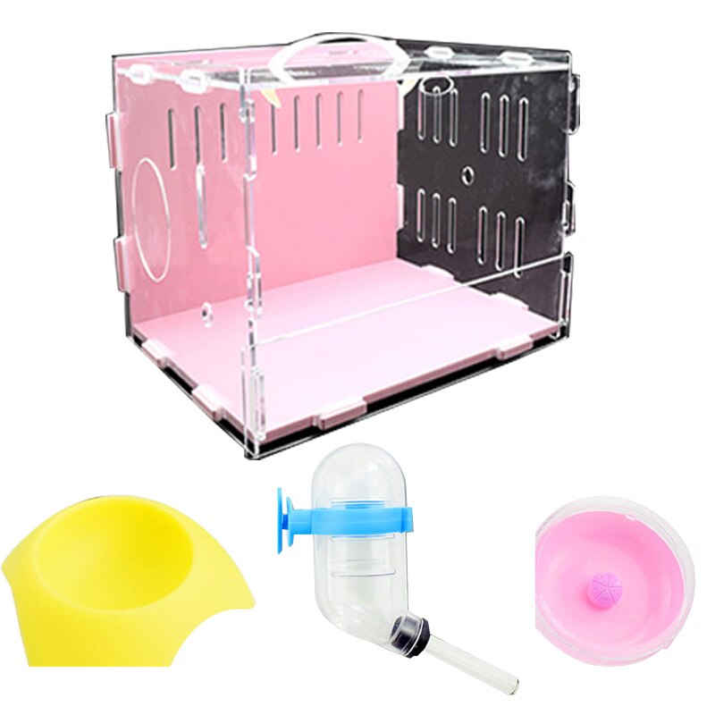 Hámster Habitat acrílico pequeño Pet Habitat jaula hámster Casa de estar caja transparente con alimentador Bol botella rueda: pink clear