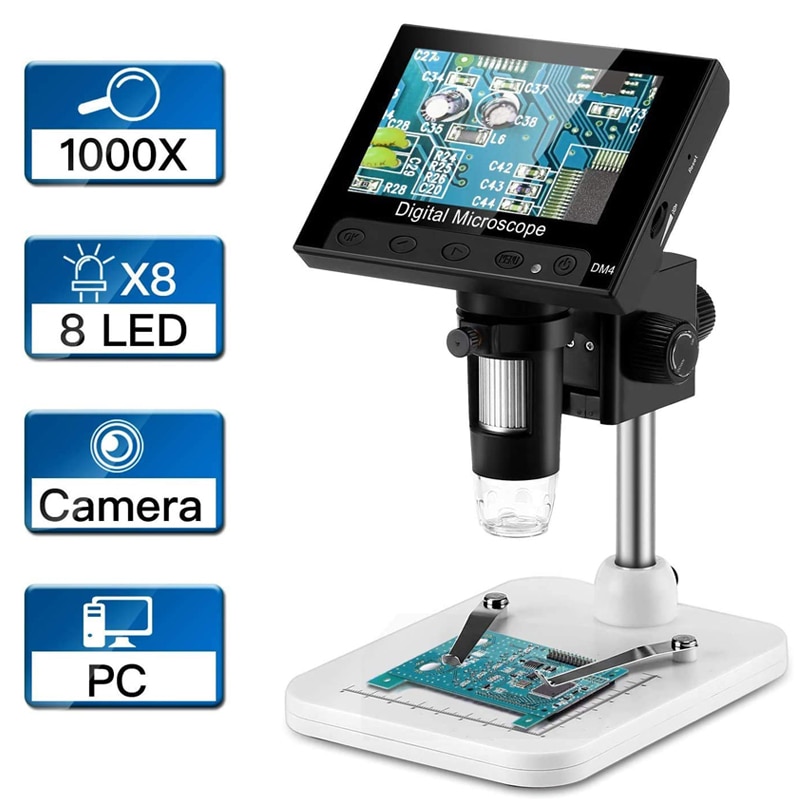 4.3&quot;LCD Display USB Digital Electronic Microscope Endoscope Record 1000X 2 Megapixels with 8 LED Stand for Repair Soldering