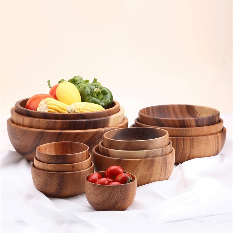 VIFER Houten slakom massief acacia houten kom ronde houten kom keukengerei voor salade soep rijst 1 stuk (20 4,5 cm