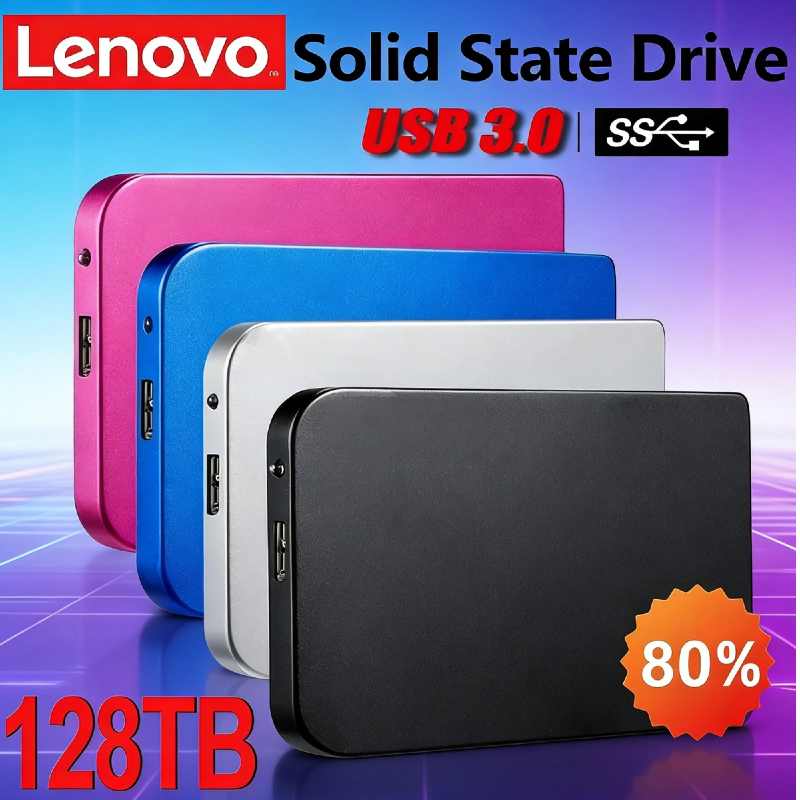 Lenovo 128TB Hochgeschwindigkeits-SSD USB 3.0 Gehäuse Mobile Festplattengehäuse für SSD Externe Speicher-HDD-Box Mit USB3.0-Kabel ABS