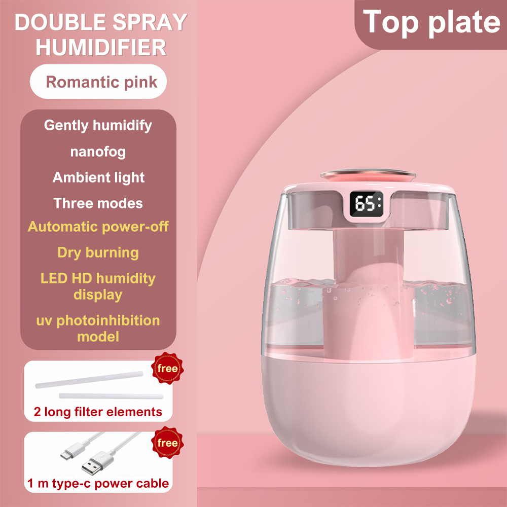 USB Humidifier Portable Dual Nozzle Cold Fog Bedroom Silent Humidifier Intelligent Digital Display Air Humidity 1.3L Water Tank: Red