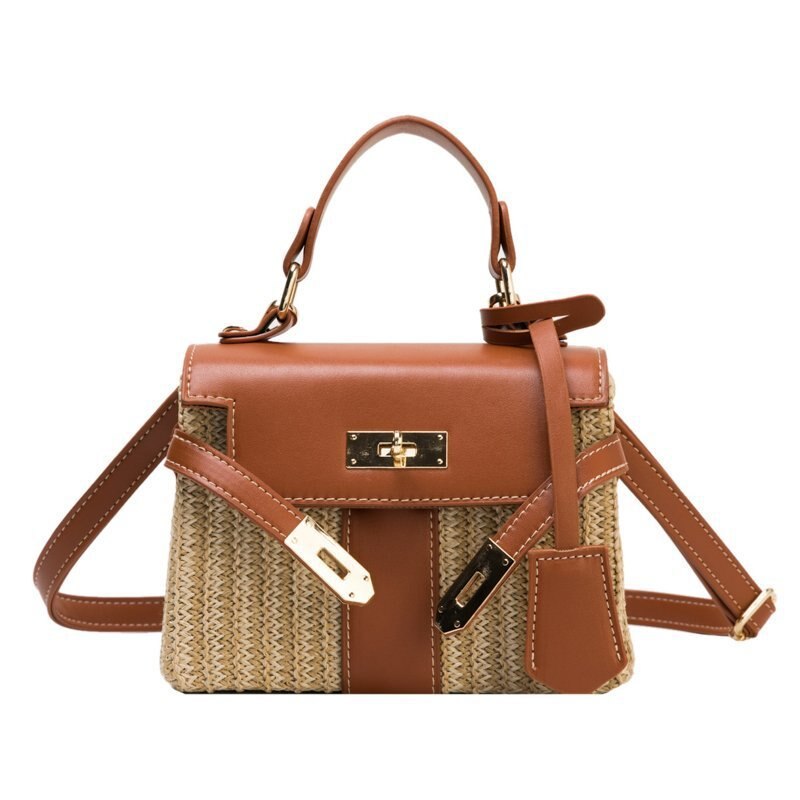 Box Stro Vrouwen Handtassen Rieten Geweven Schouder Crossbody Tassen Chic Lock Pu Zomer Strand Rotan Kleine Flap: brown