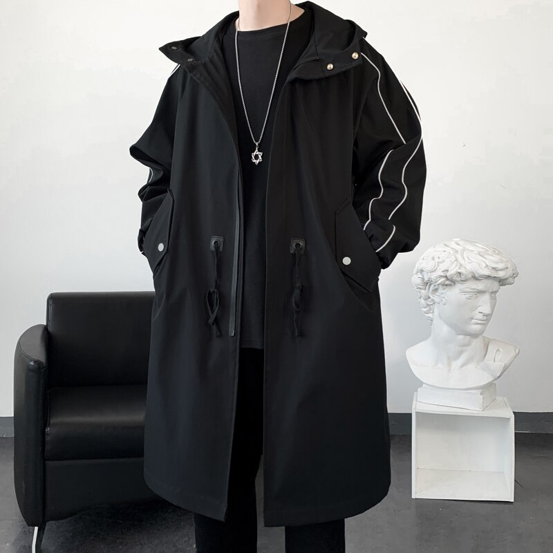Veste longue à capuche pour homme, Streetwear, coupe-vent décontracté, trench-coat à la , printemps automne: Black / XXXL