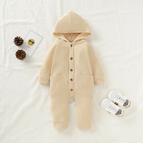 Cotton Newborn Baby Rompers Boys Girls Soft Autumn Winter Warm Hooded Playsuit Casual Baby Outfit Clothes: Beige / 6M