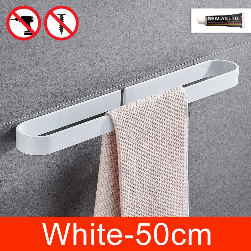 Self-adhesive Black Bath Towel Holder Bathroom Towel Rack No Punch Towel Rail Rack Towel Holder Bath Storage Shelf ML65B: White-50cm