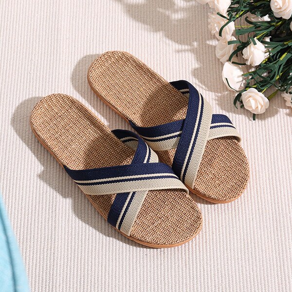 Men Slippers Sandals Flip Flops Summer Breathable Hemp Non-slip Shoes Man Home Slides Striped Casual Female: 1809 Dark Blue / 14