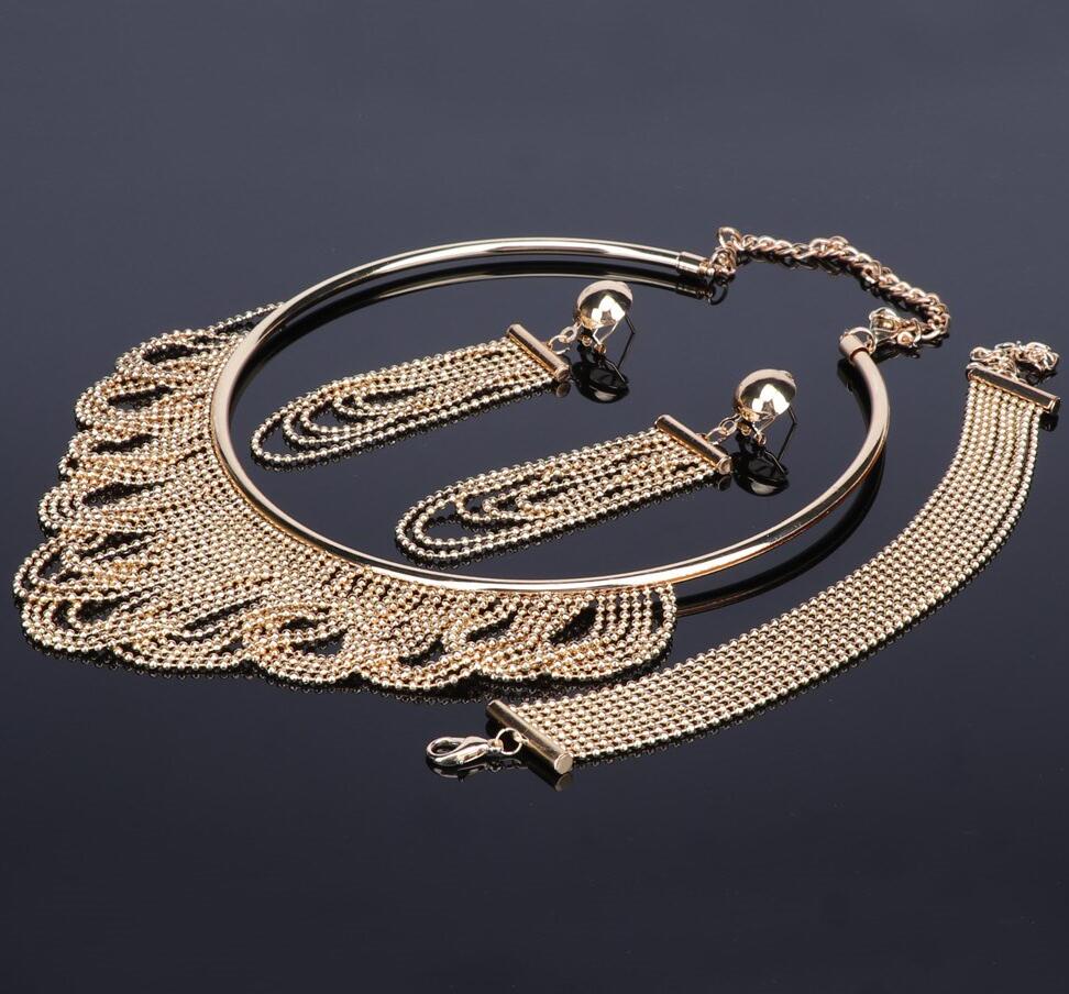 Nigerian Wedding African Beads Jewelry Sets Crystal Necklace Sets Gold Color Jewelry Set Wedding Accessories Party: Gold