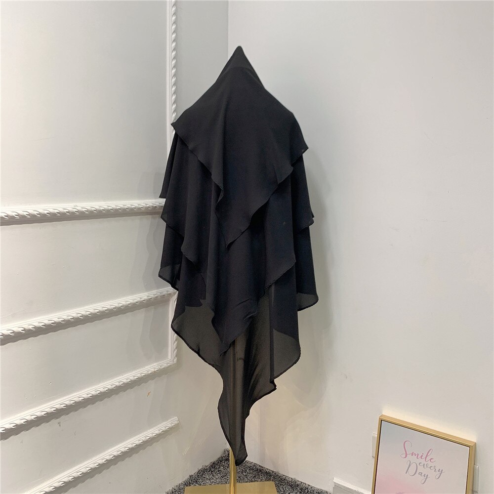Foulard khimar trois couches à volants pour femmes, hijab, musulmane, dubaï, Turban turc, châles malaisiens, marocain: Black