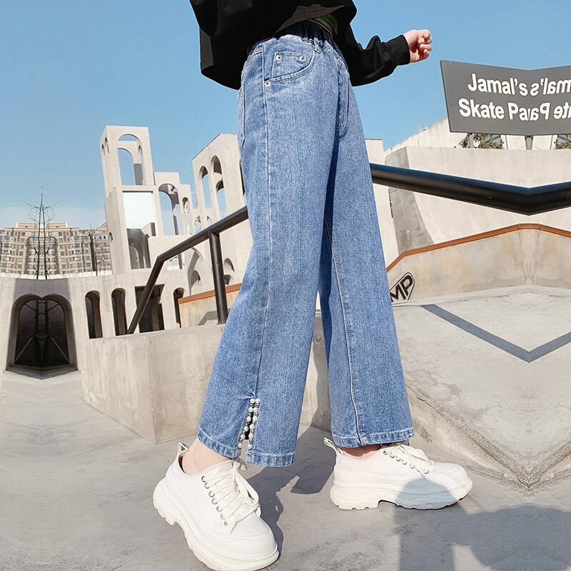 Girls Jeans Wide Leg pants Straight Side Slit pearl Jeans Loose Denim Ankle Trousers Children Girls Clothes