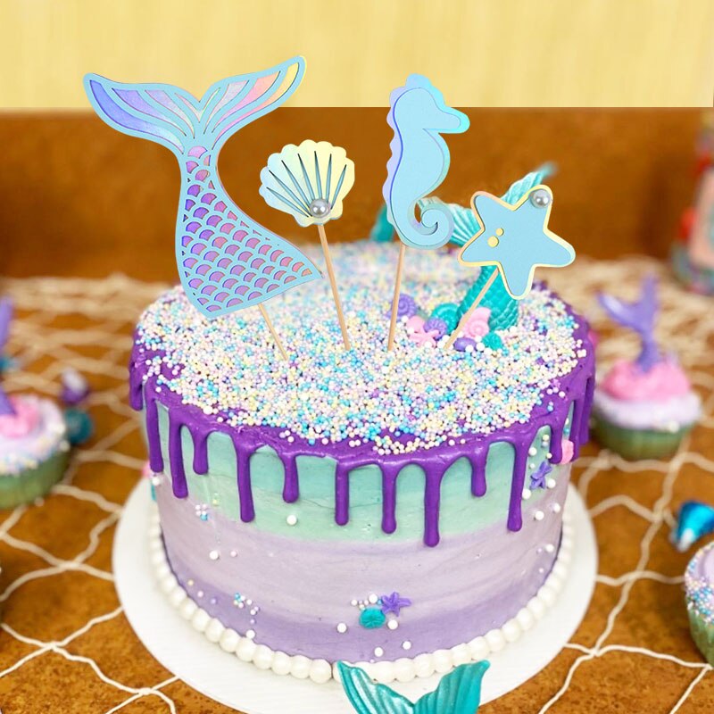 Adornos para pastel de cola de sirena y estrella de mar, decoración para de cumpleaños para niños, decoración para cupcakes, suministros para Baby Shower y boda, 4 unids/set por Set
