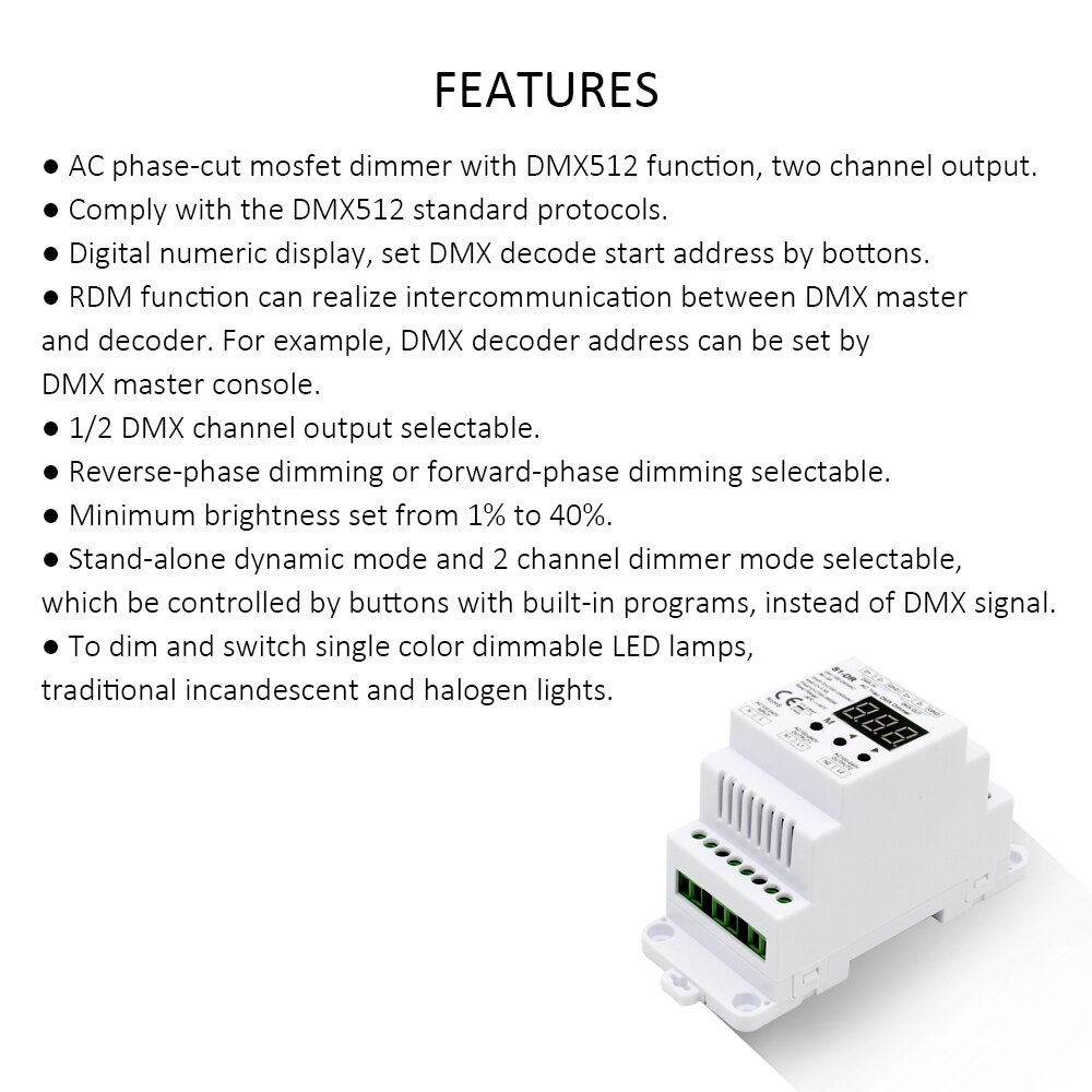 DMX512 Led Dimmer 220V 230V 110V 2 Kanaals Dimbare Ac Triac Rdm Dmx Controller Trailing Edge Din rail Lamp Licht Dimmer S1-DR