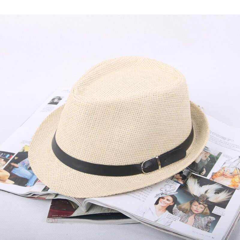 Jazz männer Hut Woven Stroh Sonnenschirm Hut Lässig Hut Gürtel Schnalle Strand Hut Stroh Sonnenhut Weiß Hochzeit Schwarz Gürtel frauen Fedoras Gorro: NO.1-Beige