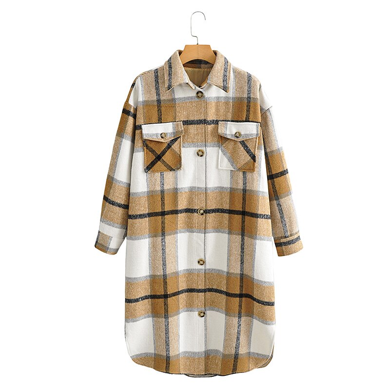 Tangada, Otoño Invierno , chaqueta de abrigo largo a cuadros verde para mujer, abrigo informal cálido, abrigos largos de AI35: brown / M