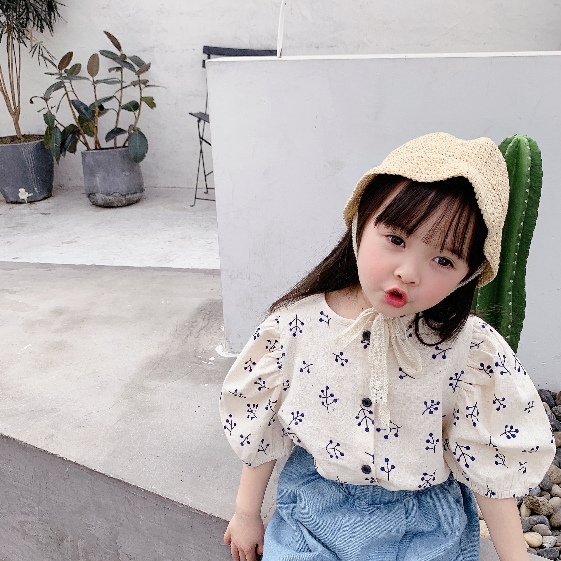 adbaby Children's Clothing Summer Girls Korean Summer Puff Sleeve Cotton Short Sleeve Shirt 20372