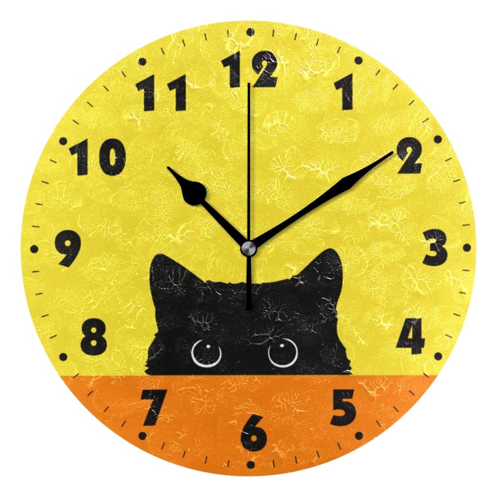 25cm Round Cat Face Hanging Wall Clock DIY Non Ticking Silent Wall Watch for Living Room Quiet Desk Clock Relogio De Parede: Item 2 Black Needle