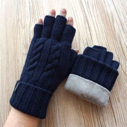 Hombre sin dedos, además de terciopelo cálido guantes de lana de oveja Mitt expuestos dedo Otoño de punto mitones de muñeca guantes de conducción de los hombres: Dark blue
