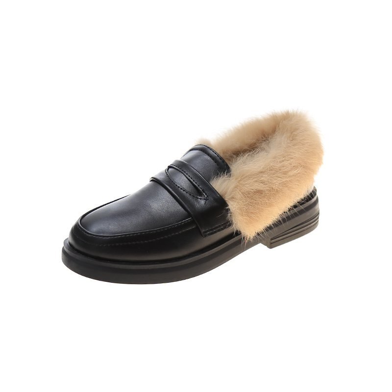 Mocassins fourrure femmes chaussures automne noir chaussures plates talons bas femmes décontracté femme baskets bout rond Style britannique