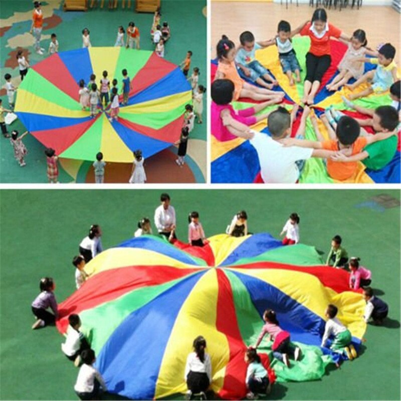 Dagis utomhus spel regnbåge paraply fallskärm leksak hoppsäck ballute lek för barn 1m/ 2m/3m/3.6m/4m/5m/6m diameter